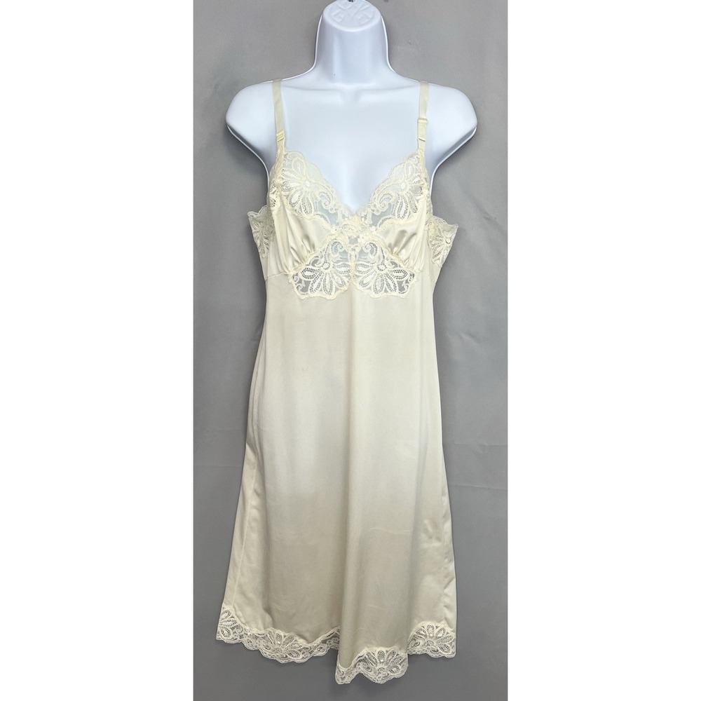 VTG Shadowline Ivory Full Slip Nightgown Sz 34 Floral Flower Sheer‎ Lace Y2K USA